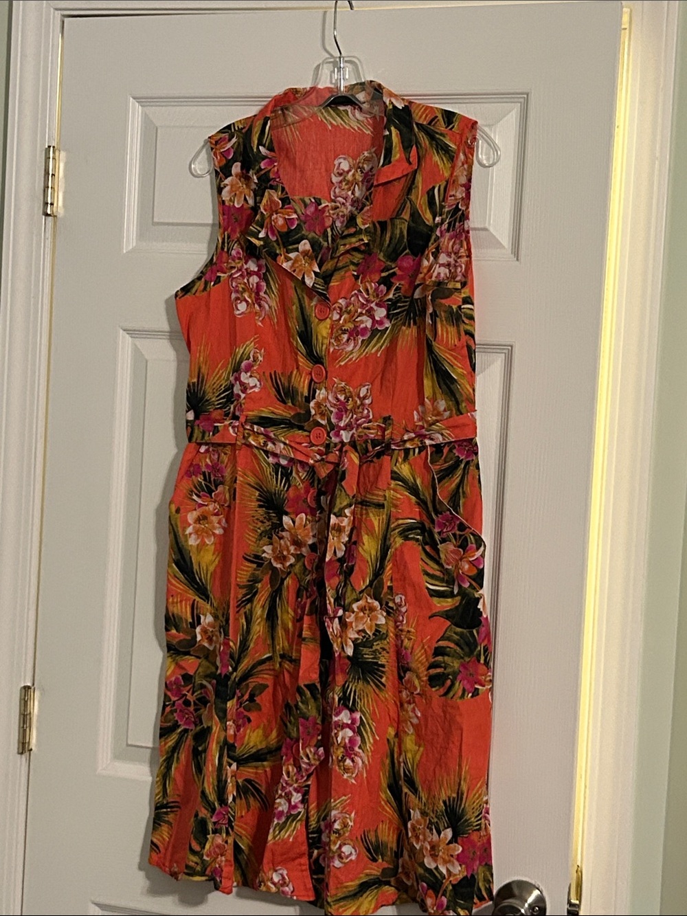 Mlle Gabrielle Orange Tropical Floral Sleeveless Shirt Dress